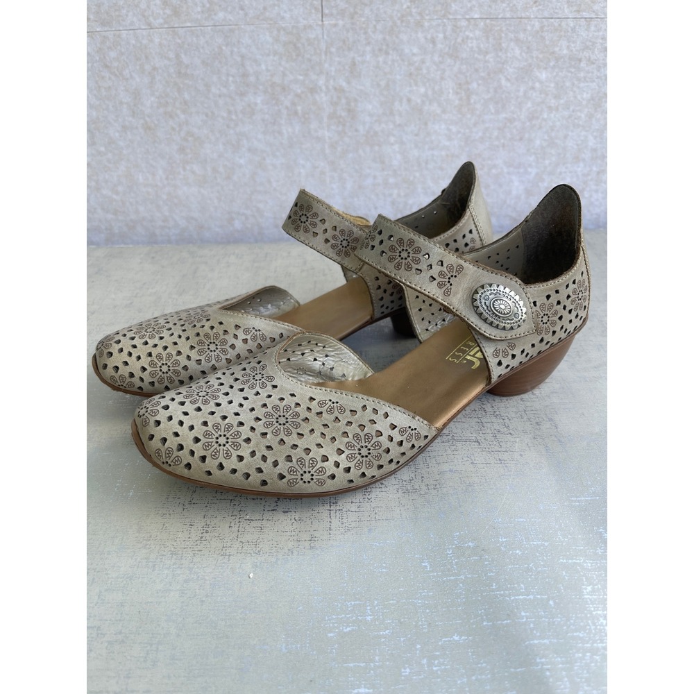 Rieker Antistress Mary Jane Heels Taupe Metallic Leather Laser Cut Size 39 US 8
